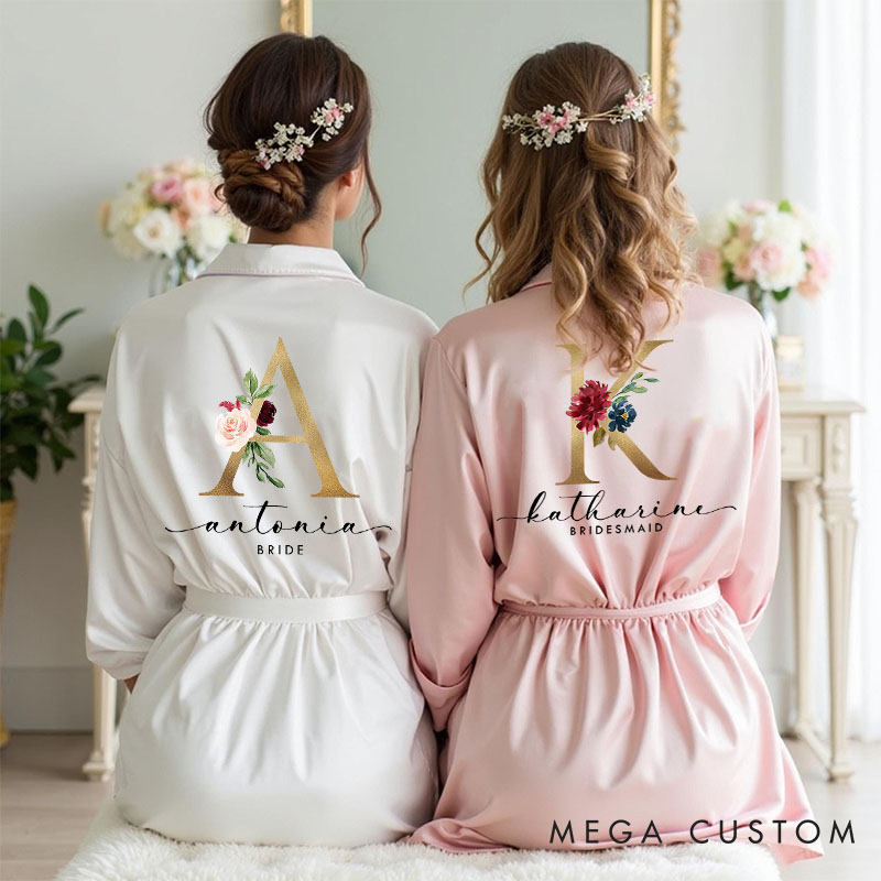 Personalized Bridesmaid Floral Gold Initials Robes Custom Bride Wedding Dressing Gown Maid of Honor Bachelorette Party Favors Bridal Shower Gift