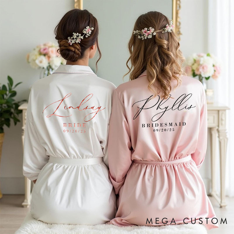 Personalized Bridesmaid Elegant Name and Date Robes Custom Bride Name Wedding Dressing Gown Maid of Honor Bachelorette Party Favors Bridal Shower Gift