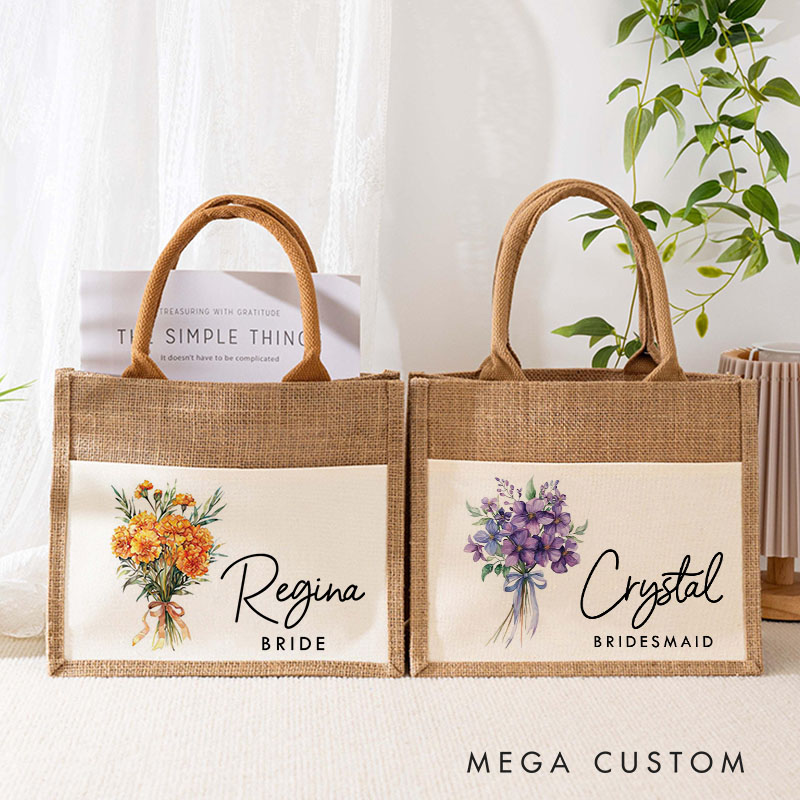 Personalized Bridesmaid Birth Flower Burlap Tote Bag Custom Bride Month Flower Wedding Beach Tote Bag Bachelorette Party Favors Bridal Shower Gift