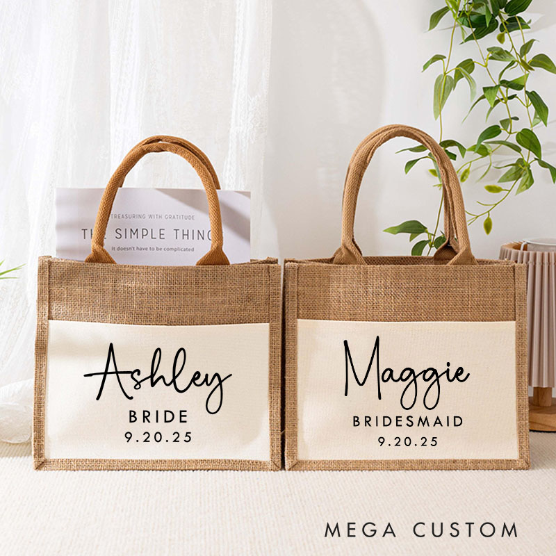 Personalized Bridesmaid Minimalist Name Burlap Tote Bag Custom Bride Name and Title Wedding Beach Tote Bag Bachelorette Party Favor Bridal Shower Gift