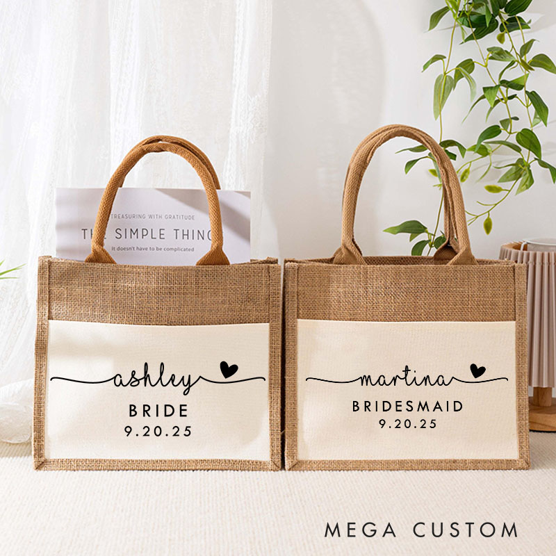 Personalized Bridesmaid Name with Heart Burlap Tote Bag Custom Bride Name and Title Wedding Beach Tote Bag Bachelorette Party Favor Bridal Shower Gift