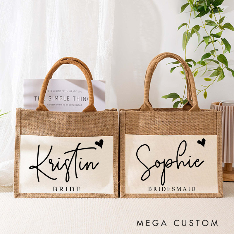 Personalized Bridesmaid Stylish Name with Heart Burlap Tote Bag Custom Bride Name and Title Wedding Beach Bag Bachelorette Party Bridal Shower Gift