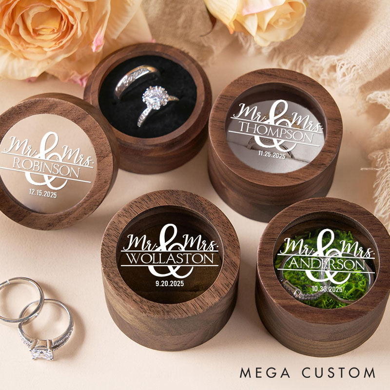 Personalized Couple Wedding Mr and Mrs Wooden Ring Box Newlyweds Last Name Round Ring Box with Acrylic Cover Engagement Ring Box Husband Wife Gift