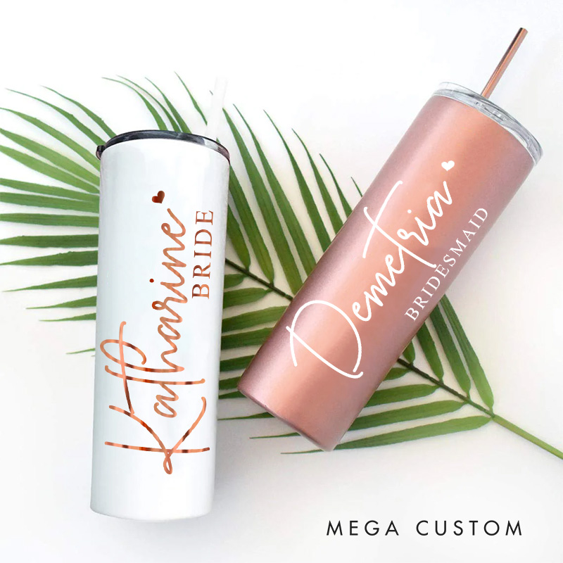 Personalized Bridesmaid Name with Heart 20oz Skinny Tumbler with Lid and Straw Custom Bride Name Wedding Tumbler Maid of Honor Bachelorette Party Gift