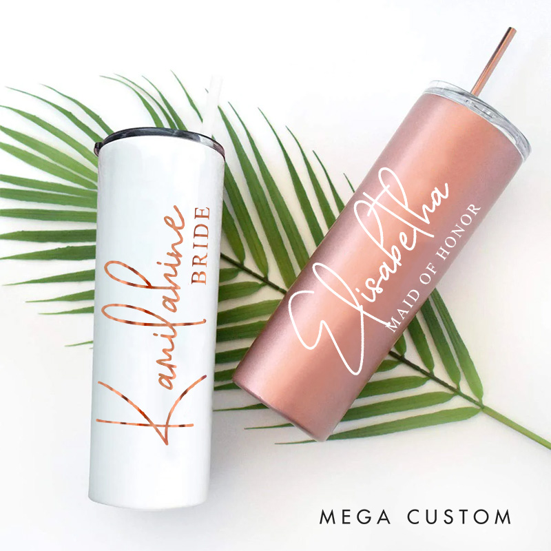 Personalized Bridesmaid Name with Heart 20oz Skinny Tumbler with Lid and Straw Custom Bride Name Wedding Tumbler Maid of Honor Bachelorette Party Gift