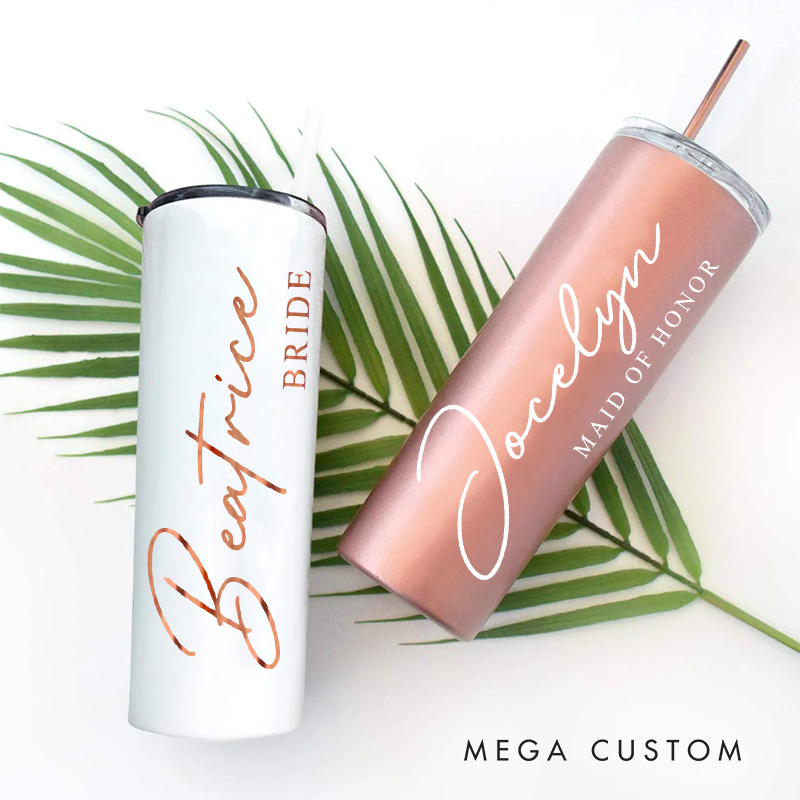 Personalized Minimalist Bridesmaid Name 20oz Skinny Tumbler with Lid and Straw Custom Bride Name Wedding Tumbler Maid of Honor Bachelorette Party Gift