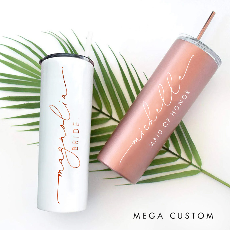 Personalized Bridesmaid Wedding 20oz Skinny Tumbler with Lid and Straw Custom Bride Name with Heart Tumbler Maid of Honor Bachelorette Party Gift
