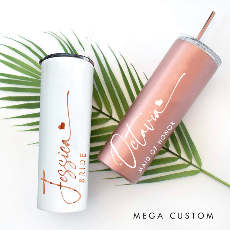 Personalized Bridesmaid Wedding Stylish 20oz Skinny Tumbler with Lid and Straw Custom Bride Name Tumbler Maid of Honor Bachelorette Party Gift