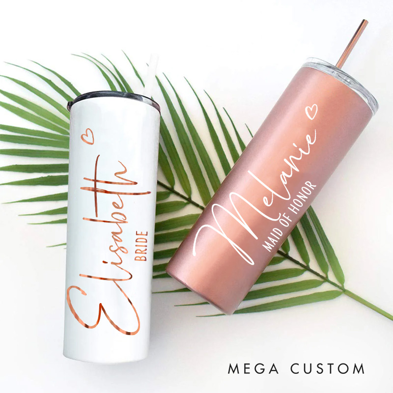 Personalized Bridesmaid Wedding 20oz Skinny Tumbler with Lid and Straw Custom Bride Name with Heart Tumbler Maid of Honor Bachelorette Party Gift