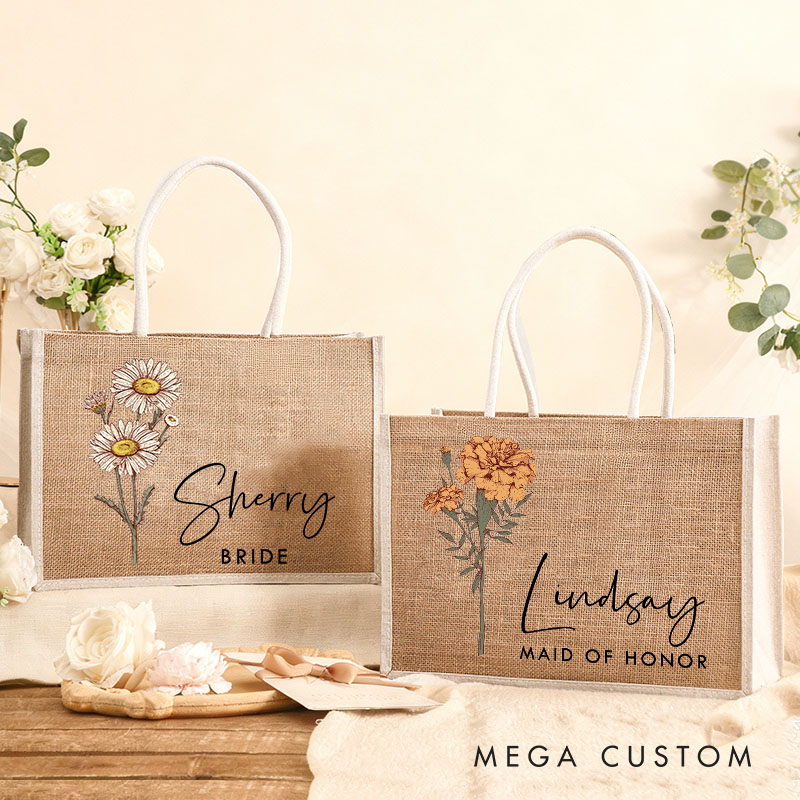 Personalized Bridesmaid Birth Flower Burlap Tote Bag Custom Bride Month Flower Tote Bag Wedding Jute Beach Bag Bachelorette Party Bridal Shower Gift