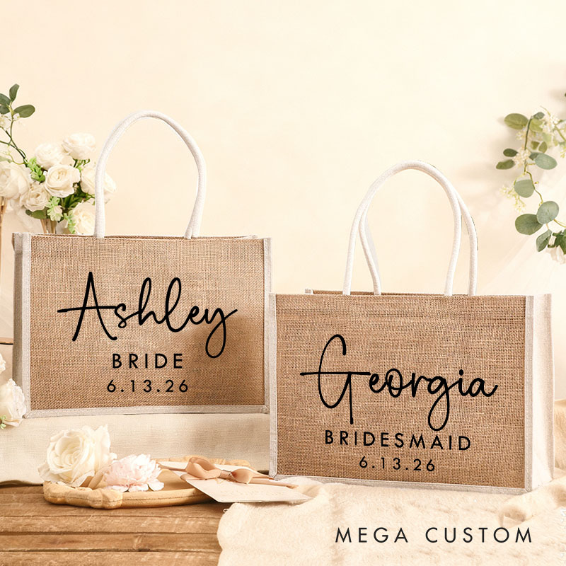 Personalized Bridesmaid Name Burlap Tote Bag Bride Tote Bag Wedding Date Jute Beach Bag Bridal Shower Gift Bachelorette Party Party