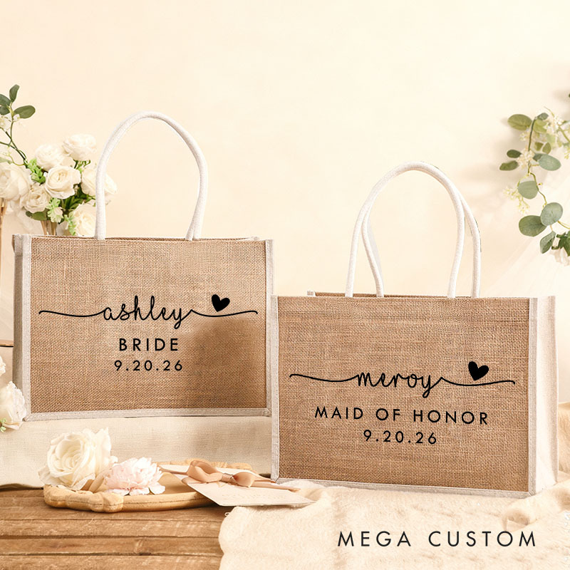 Personalized Bridesmaid Burlap Tote Bag Custom Bride Name with Heart Tote Bag Wedding Date Jute Beach Bag Bridal Shower Gift Bachelorette Party Party