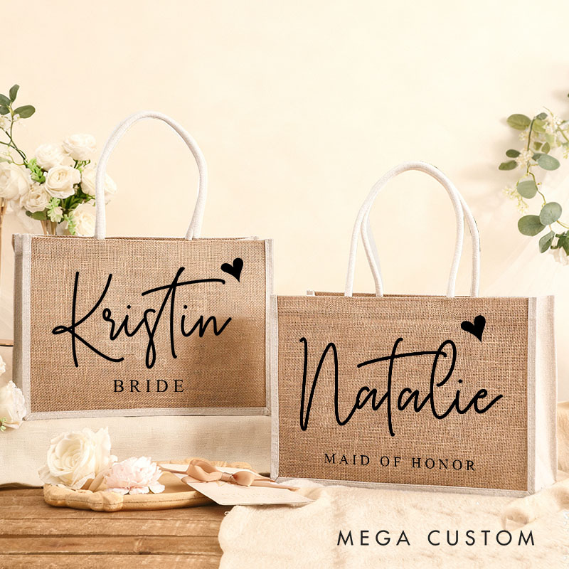 Personalized Bridesmaid Burlap Tote Bag Custom Bride Name with Heart Tote Bag Wedding Jute Beach Bag Bridal Shower Gift Bachelorette Party Favors