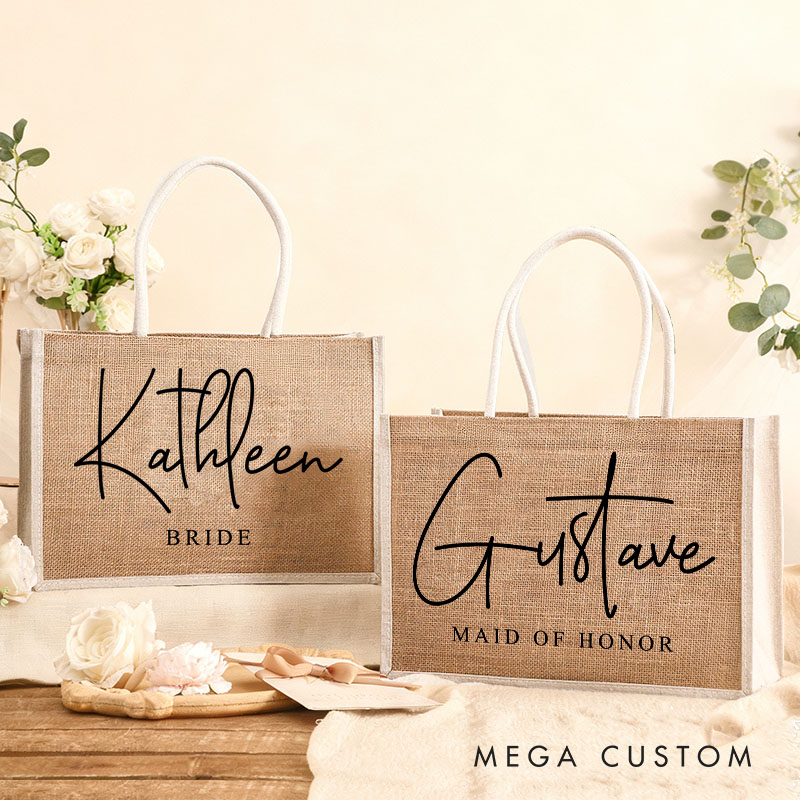 Personalized Bridesmaid Burlap Tote Bag Custom Bride Name Tote Bag with White Side Wedding Jute Beach Bag Bridal Shower Bachelorette Party Gift