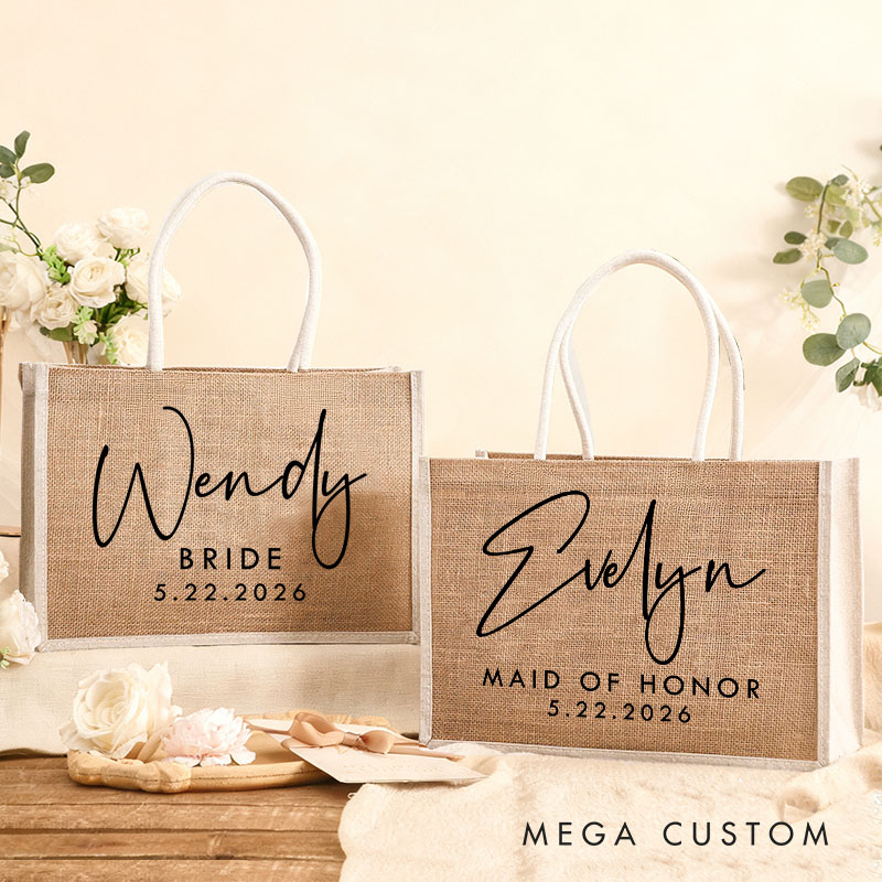 Personalized Bridesmaid Burlap Tote Bag Custom Bride Name Tote Bag with White Side Wedding Date Jute Beach Bag Bridal Shower Bachelorette Party Gift