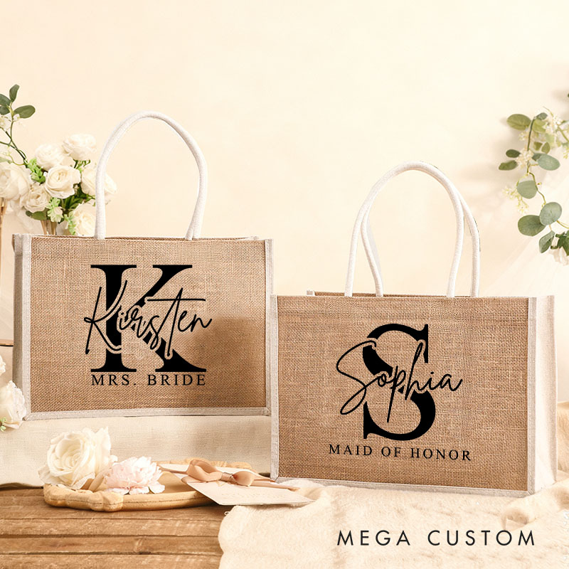 Personalized Bridesmaid Burlap Tote Bag Custom Bride Initials Tote Bag with White Side Wedding Jute Beach Bag Bridal Shower Bachelorette Party Gift