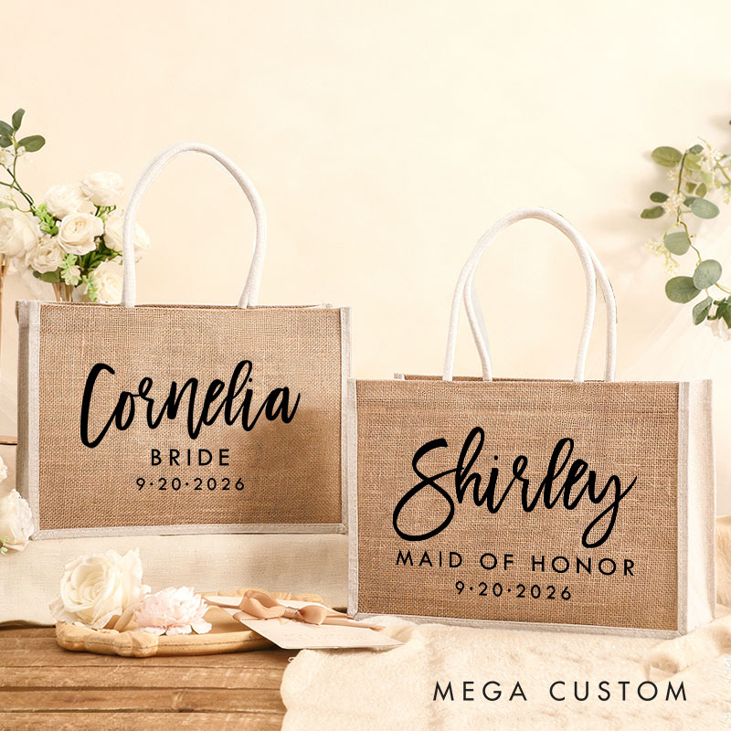 Personalized Bridesmaid Boho Burlap Tote Bag Custom Bride Tote Bag with White Side Wedding Date Jute Beach Bag Bridal Shower Bachelorette Party Gift