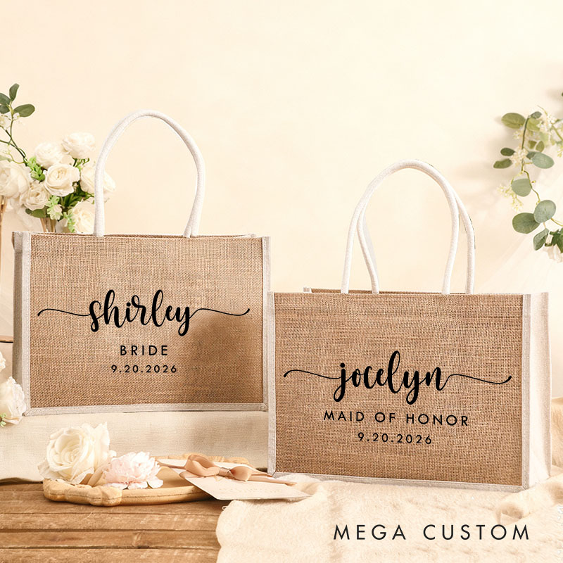 Personalized Bridesmaid Elegant Burlap Tote Bag Bride Name Tote Bag with White Side Wedding Date Jute Beach Bag Bridal Shower Bachelorette Party Gift