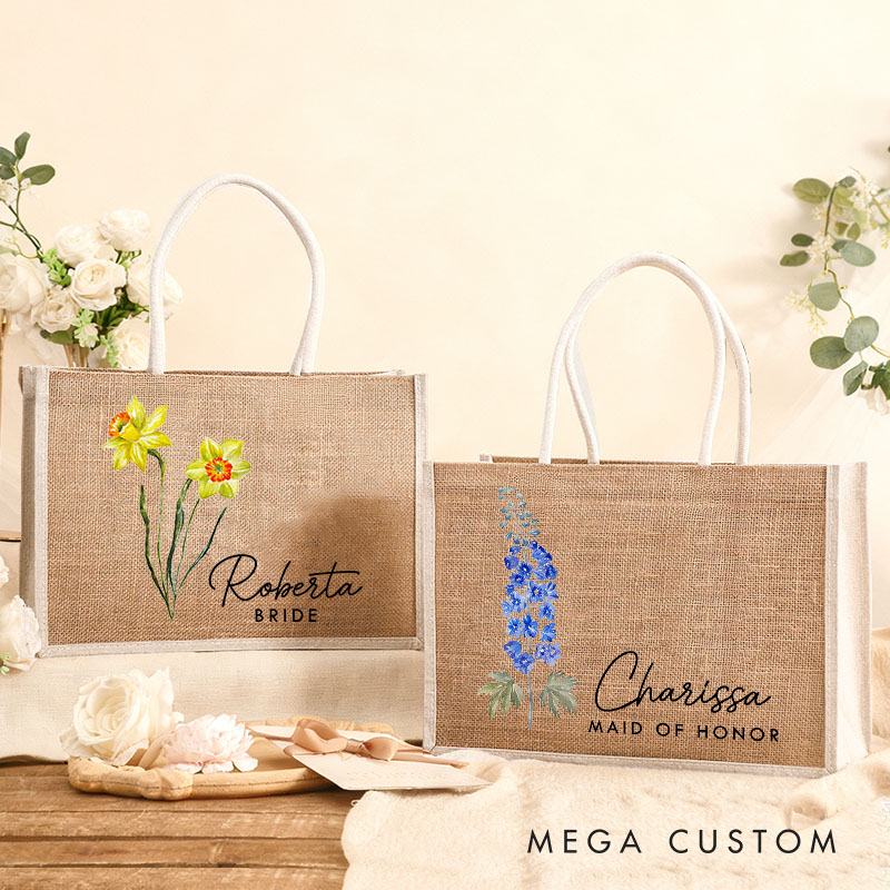 Personalized Bridesmaid Birth Flower Burlap Tote Bag with White Side Custom Bride Tote Bag Wedding Jute Beach Bag Bridal Shower Bachelorette Party Bag