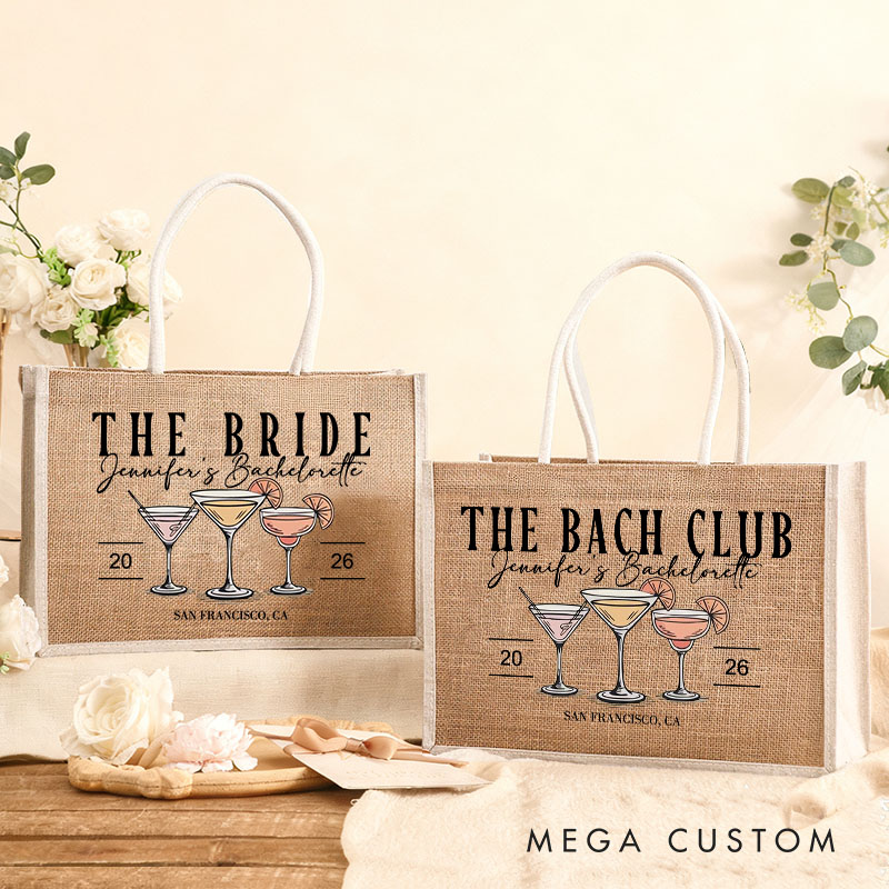 Personalized Bridesmaid The Bach Club Cocktail Burlap Tote Bag Bride Tote Bag Wedding Location Jute Beach Bag Bridal Shower Bachelorette Party Gift