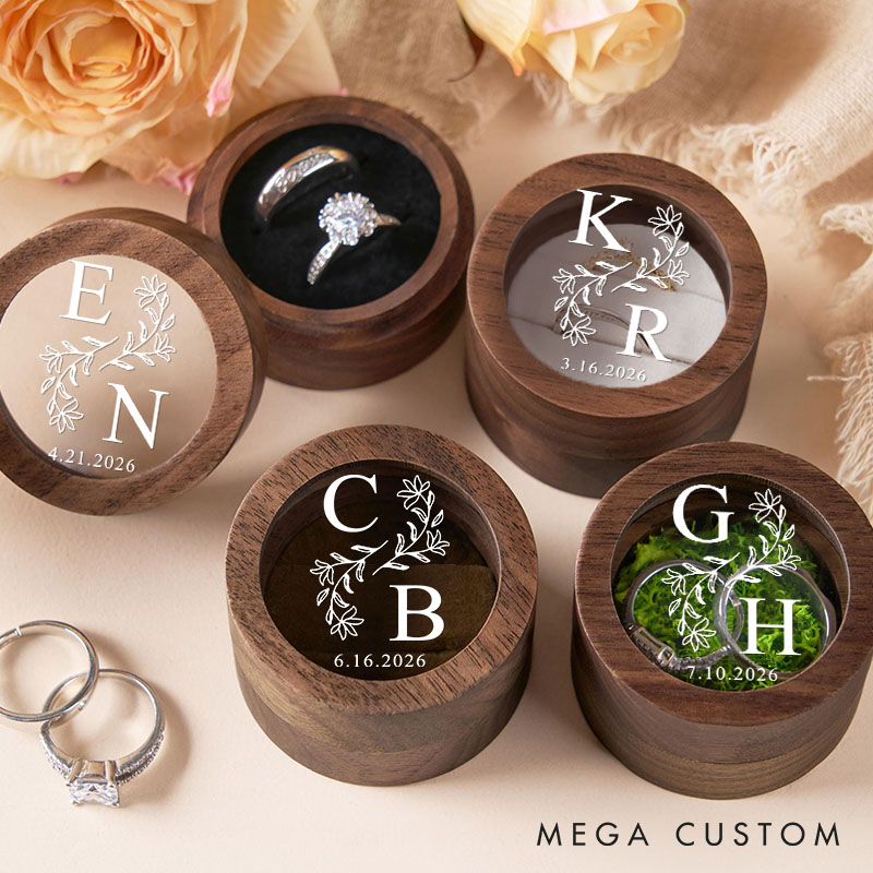 Personalized Couple Wedding Floral Leaf Wood Ring Box Custom Newlyweds Initials Ring Box with Acrylic Cover Engaged Date Ring Holder Husband Wife Gift