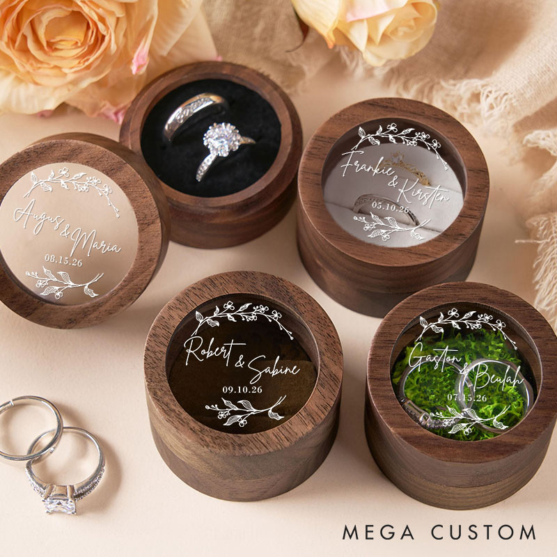 Personalized Couple Wedding Elegant Floral wreath Wood Ring Box Newlyweds Name Ring Box with Acrylic Cover Engaged Date Ring Holder Husband Wife Gift