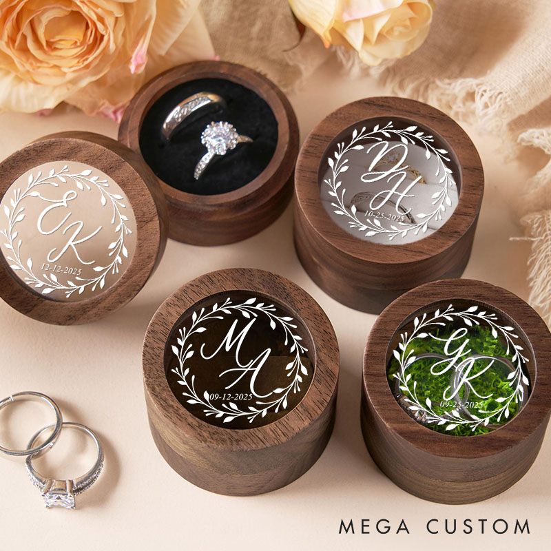 Personalized Couple Wedding Delicate Floral Wreath Wood Ring Box Newlyweds Initials Round Ring Box with Acrylic Cover Husband Wife Engagement Ring Box