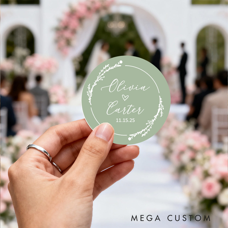 Personalized Couple Wedding Floral Wreath 1.5" Stickers with Name Newlyweds Thank You Stickers Party Favors Label Tags Candle Bridal Shower Favors