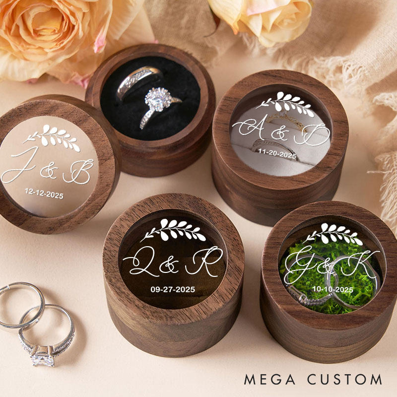 Personalized Couple Wedding Delicate Leaf Wooden Ring Box Newlyweds Initials Round Ring Box with Acrylic Cover Engagement Ring Box Husband Wife Gift