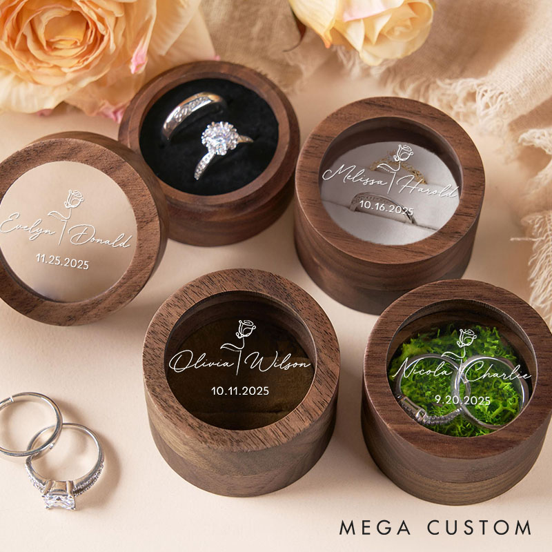 Personalized Couple Wedding Line Rose Wooden Ring Box Custom Newlywed Name Round Ring Box with Acrylic Cover Engagement Ring Box Husband Wife Gift