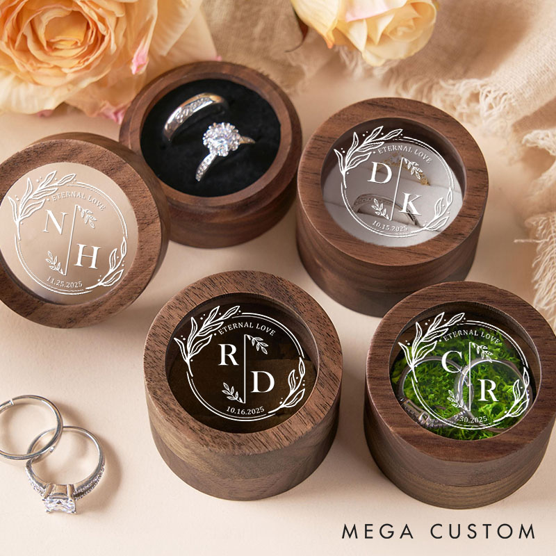 Personalized Couple Eternal Love Round Wreath Wedding Wooden Ring Box Newlywed Ring Box with Acrylic Cover Engagement Ring Box Husband Wife Ring Box