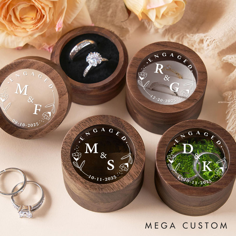 Personalized Couple Engaged Round Rose Wreath Wooden Ring Box Custom Newlyweds Initials Ring Box with Acrylic Cover Wedding Ring Box Husband Wife Gift