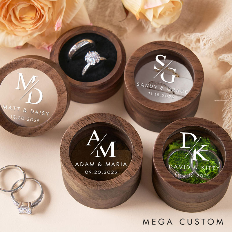Personalized Couple Sleek Initials Wedding Wooden Ring Box Custom Newlyweds Name Ring Box with Acrylic Cover Engagement Ring Box Husband Wife Gift