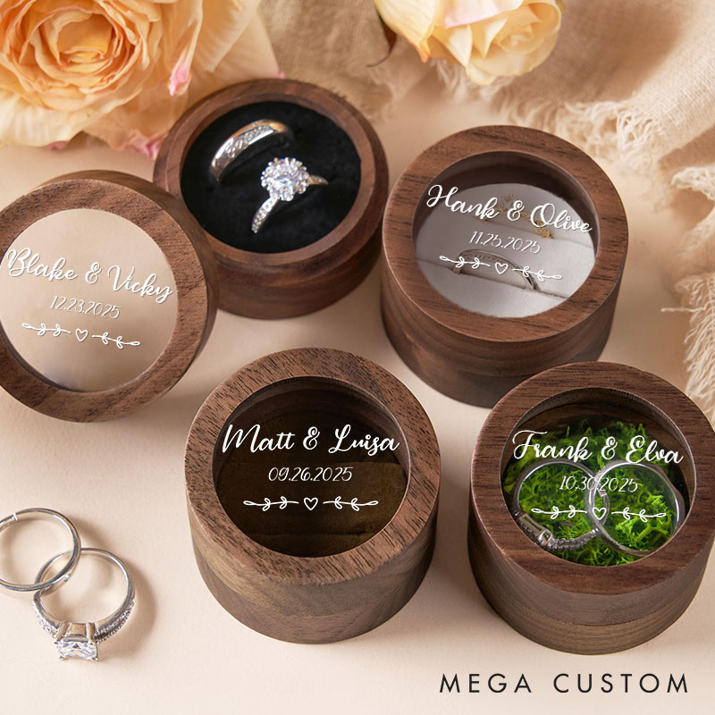 Personalized Couple Wedding Leaf with Heart Wooden Ring Box Custom Newlyweds Name Ring Box with Acrylic Cover Engagement Ring Box Husband Wife Gift