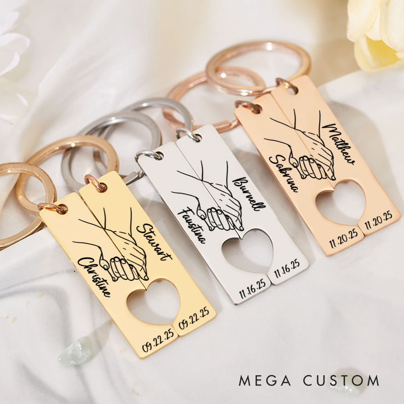 Personalized Couple Holding-hands 2pcs Matching Keychain Newlyweds Matching Heart Keyring Valentine's Day Gift for Boyfriend Girlfriend Husband Wife