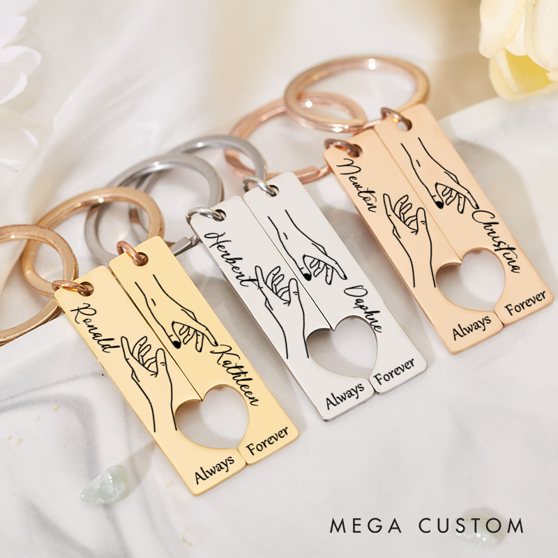 Personalized Couple Forever Always 2pcs Matching Keychain Newlyweds Line Hand Heart Keyring Valentine's Day Gift for Boyfriend Girlfriend Husband Wife