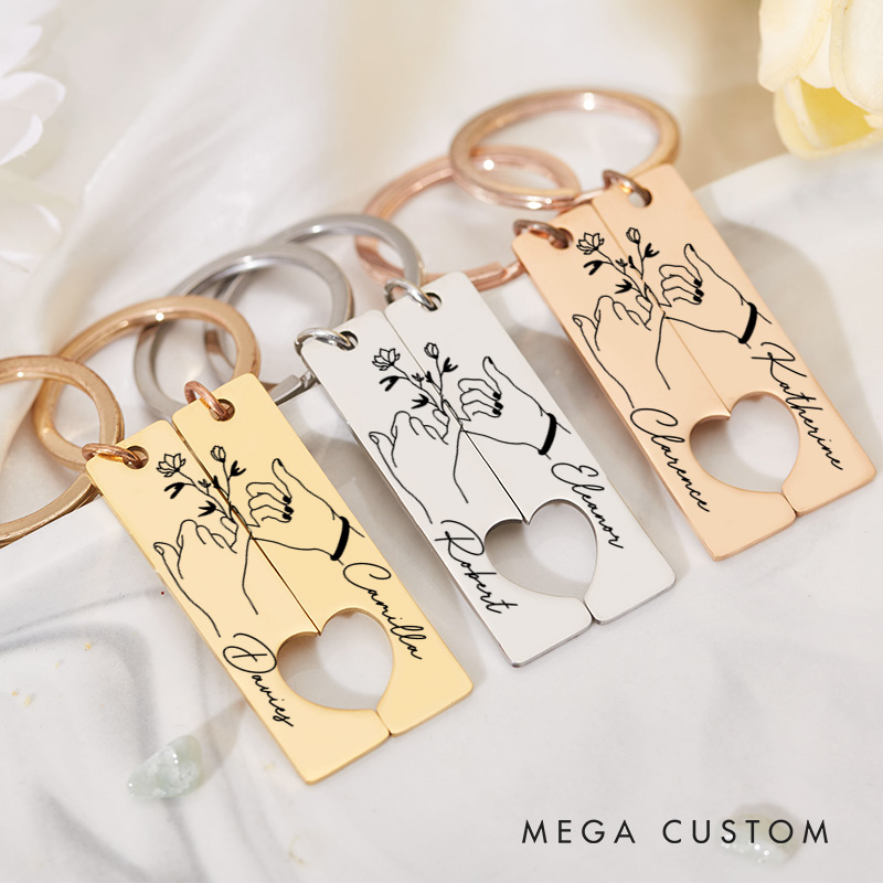 Personalized Couple Pinky Promise 2pcs Matching Keychain Newlywed Flower Hand Heart Keyring Valentine's Day Gift for Boyfriend Girlfriend Husband Wife