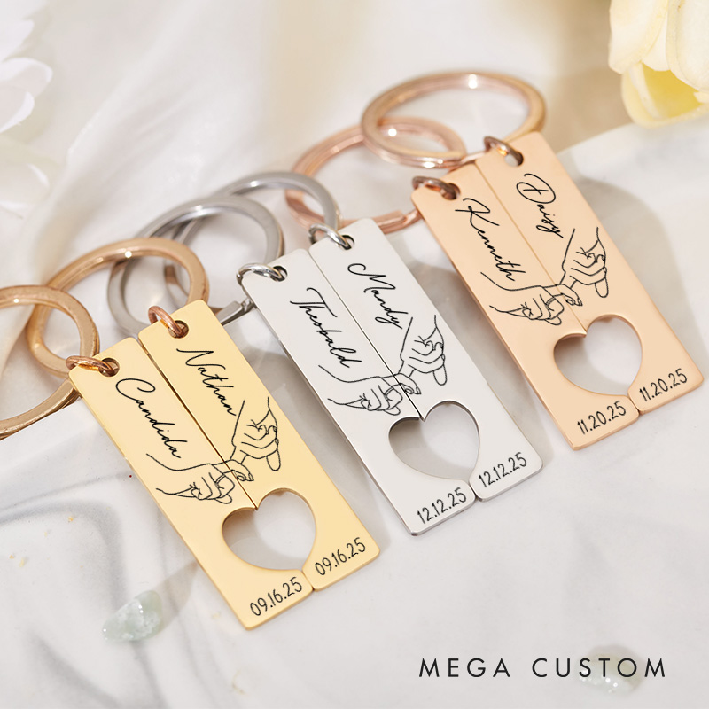 Personalized Couple Pinky Promise 2pcs Matching Keychain Newlyweds Line Hand Heart Keyring Valentine's Day Gift for Boyfriend Girlfriend Husband Wife