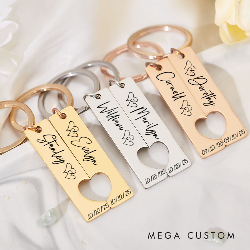 Personalized Couple Name with Heart 2pcs Matching Keychain Newlyweds Matching Heart Keyring Valentine's Day Gift for Boyfriend Girlfriend Husband Wife
