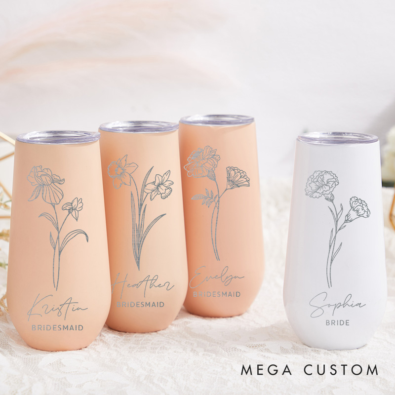 Personalized Bridesmaid Birth Flower Champagne Tumbler Custom Bride Month Flower Tumbler Maid of Honor Bachelorette Party Favors Bridal Shower Gift