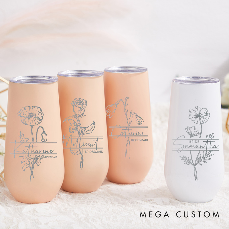 Personalized Bridesmaid Stylish Birth Flower Champagne Tumbler Custom Bride Month Flower Tumbler Bachelorette Party Favors Bridal Shower Gift for Her