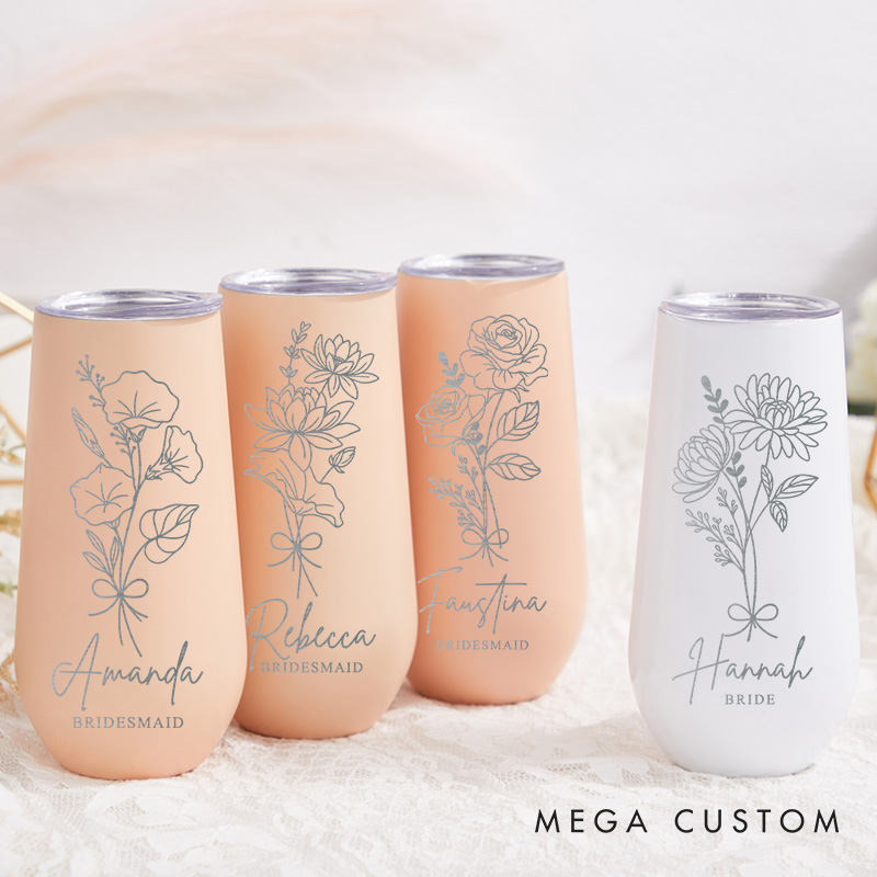 Personalized Bridesmaid Elegant Birth Flower Champagne Tumbler Custom Bride Month Flower Tumbler Bachelorette Party Favors Bridal Shower Gift for Her