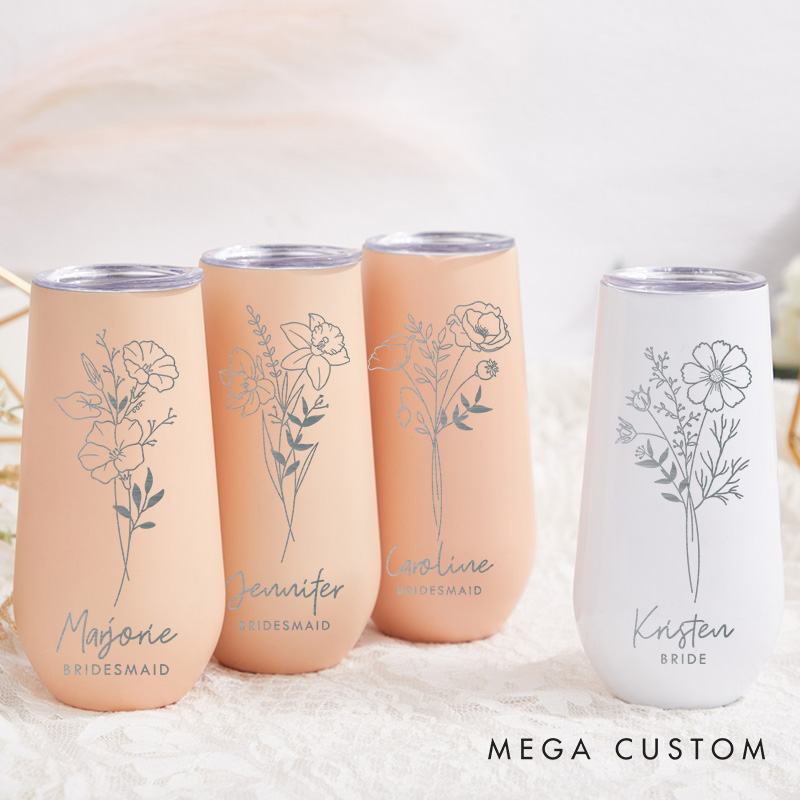 Personalized Bridesmaid Graceful Birth Flower Champagne Tumbler Custom Bride Month Flower Tumbler Bachelorette Party Favors Bridal Shower Gift for Her