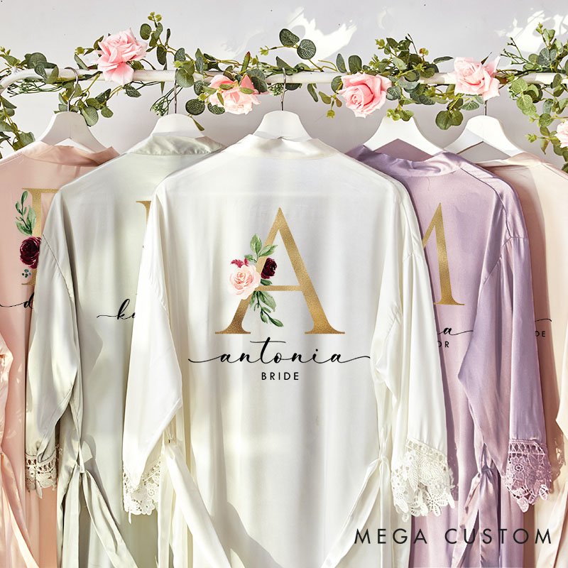 Personalized Bridesmaid Floral Gold Initials Robes Custom Bride Wedding Dressing Gown Maid of Honor Bachelorette Party Favors Bridal Shower Gift