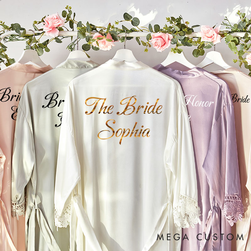 Personalized Bridesmaid Elegant Name and Title Robes Custom Bride Wedding Dressing Gown Maid of Honor Bachelorette Party Favors Bridal Shower Gift