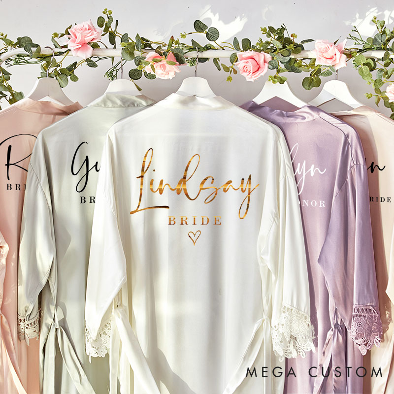 Personalized Bridesmaid Name and Title Robes Custom Bride Name with Heart Wedding Dressing Gown Maid of Honor Bachelorette Party Bridal Shower Gift