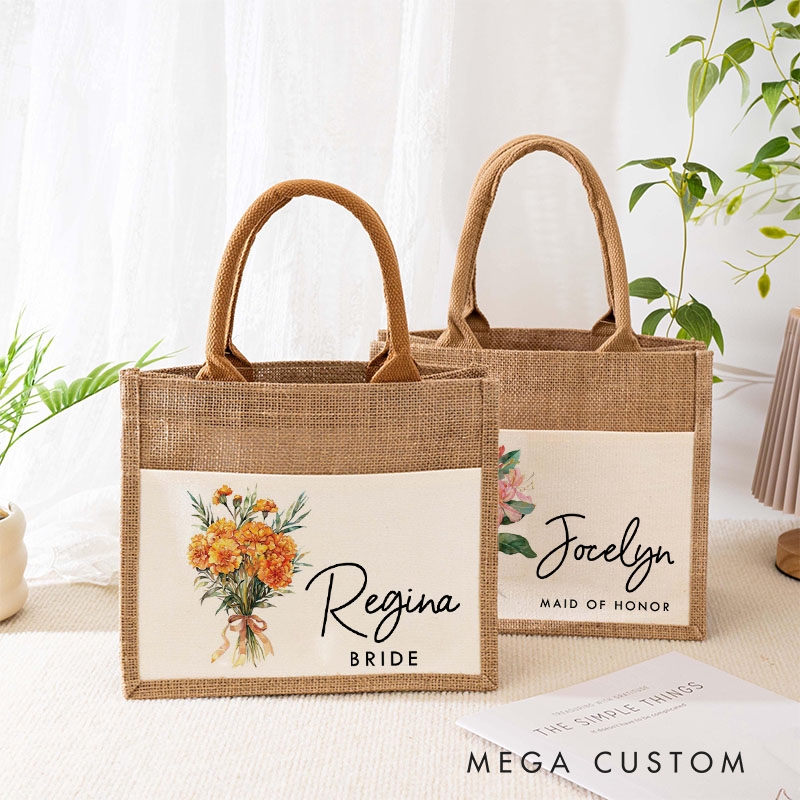 Personalized Bridesmaid Birth Flower Burlap Tote Bag Custom Bride Month Flower Wedding Beach Tote Bag Bachelorette Party Favors Bridal Shower Gift