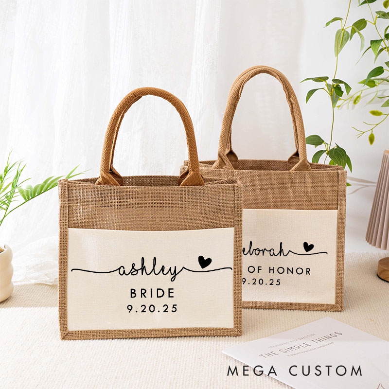 Personalized Bridesmaid Name with Heart Burlap Tote Bag Custom Bride Name and Title Wedding Beach Tote Bag Bachelorette Party Favor Bridal Shower Gift