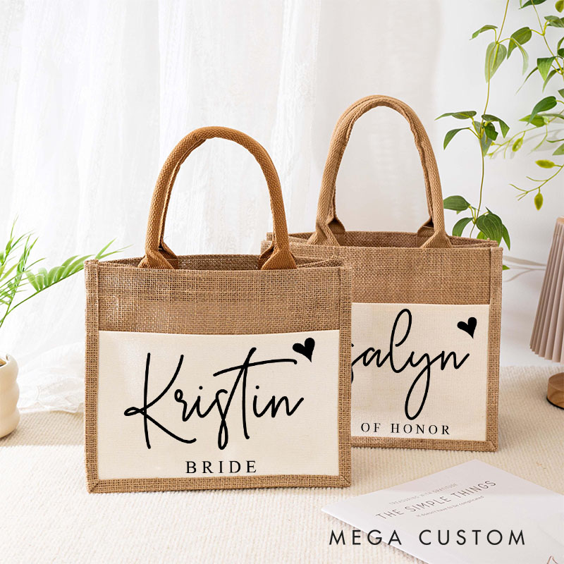 Personalized Bridesmaid Stylish Name with Heart Burlap Tote Bag Custom Bride Name and Title Wedding Beach Bag Bachelorette Party Bridal Shower Gift