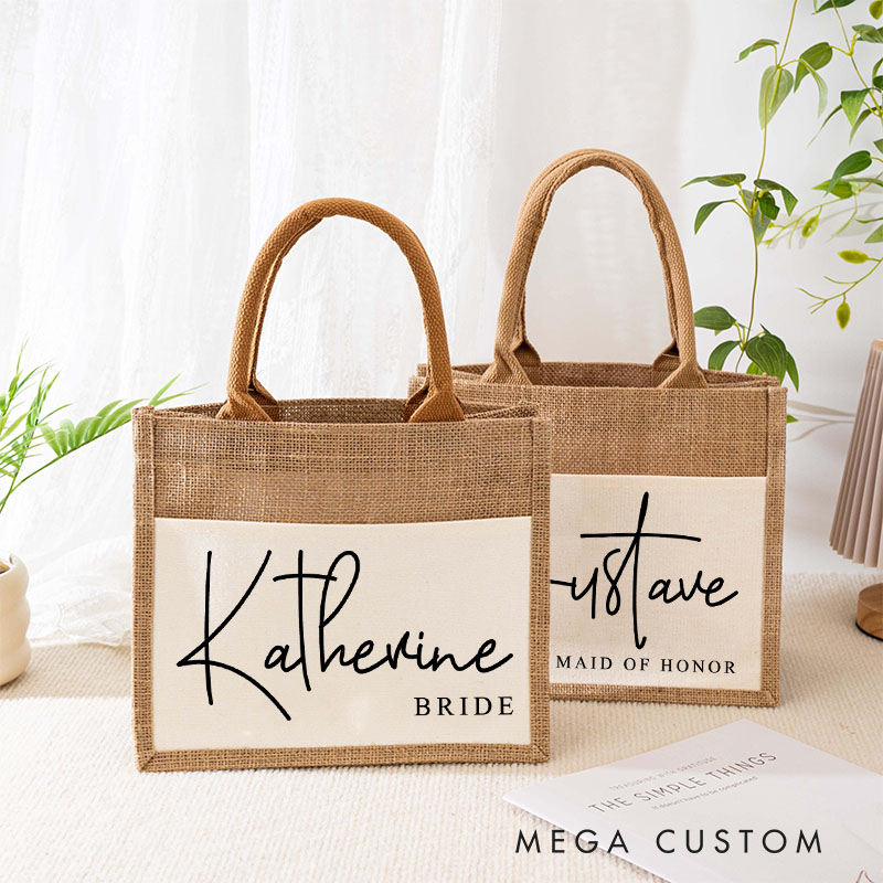Personalized Bridesmaid Elegant Name Burlap Tote Bag Custom Bride Name and Title Wedding Beach Tote Bag Bachelorette Party Favors Bridal Shower Gift